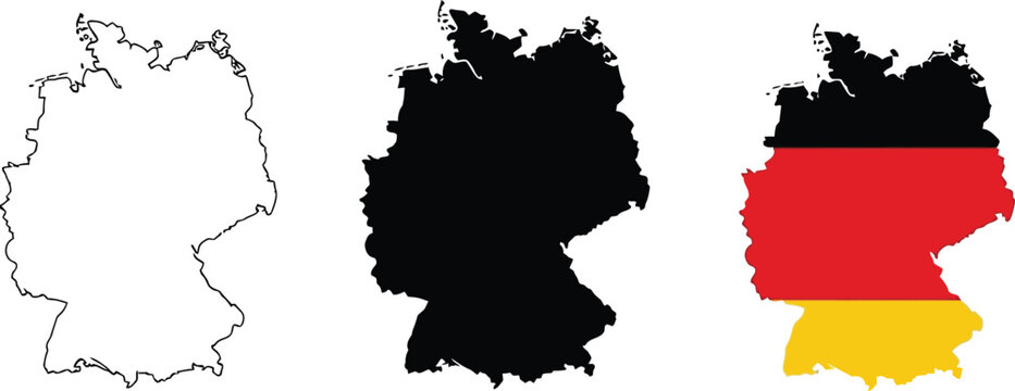 Set of three germany map shapes including outline silhouette and national flag design Vector