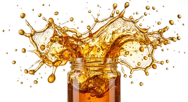 Dynamic golden honey splash exploding from a clear glass jar isolated on white background