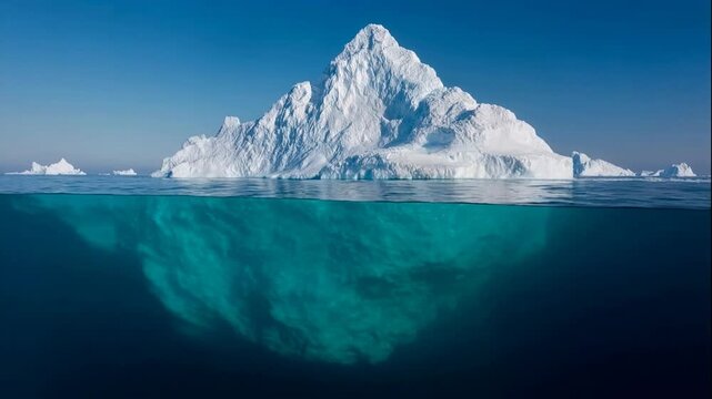 Majestic iceberg floating in clear blue ocean water with underwater view. Massive iceberg is shown partly submerged, revealing vast structure beneath the sea