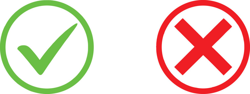 Green check mark and red cross mark icons set for right and wrong choice or validation and rejection symbols Vector