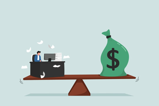 Working hard for money or incentives motivates to work overtime, the concept of overwork and life balance, entrepreneurs working hard at busy desks, the seesaw balancing between wages and money.