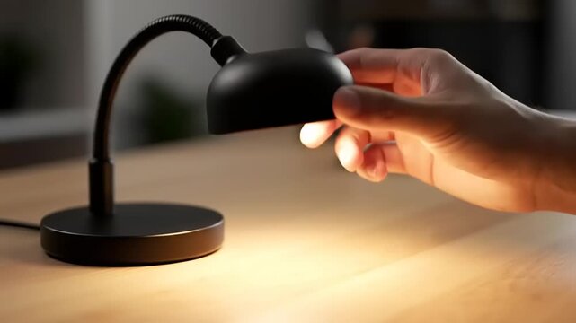 Close-up of a hand adjusting a black desk lamp on a wooden table.