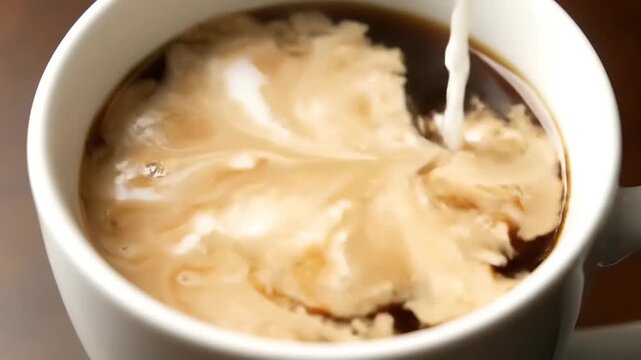 Creamy Milk Pouring into Hot Coffee in a White Mug, Delicious Beverage.