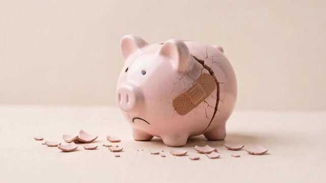 Broken piggy bank with cracks and band-aids, symbolizing financial hardship. A cracked and damaged pink piggy bank, held together with band-aids, lies amidst scattered fragments