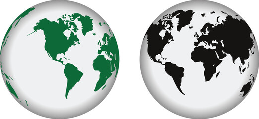 Minimal globe illustration featuring Earth map spheres with modern world continents in green and black. Clean planetary design suits geography themes. Vector planet icons fit branding media. © Parul