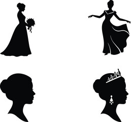 Elegant Female Silhouette Collection Featuring Bride, Princess and Fashion Woman Profiles in Black Vector Illustration Style © MdShahin