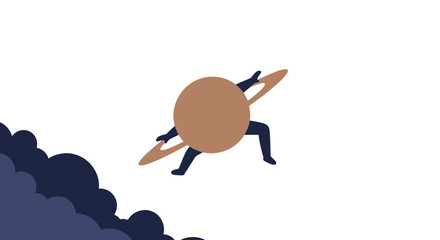 Saturn Planet Character Running Through Clouds, Space Exploration Concept © Tora