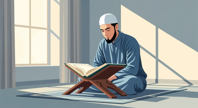 Vector illustration of a Muslim man wearing a white kufi and blue thobe sitting cross-legged on a prayer rug reading the Quran on a wooden rehal stand in a room with sunlight.