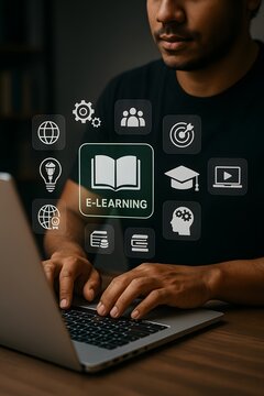 Student using laptop with floating e-learning icons for online education and virtual classroom study concept