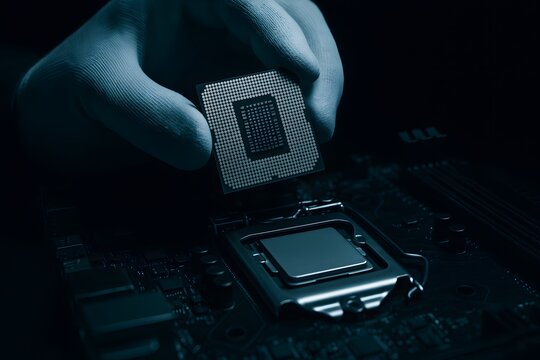 Technician hand in protective glove installing a modern computer processor chip onto a high-tech motherboard