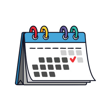 A colorful desktop calendar icon with a red checkmark on a specific date.
