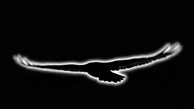Black and white silhouette of a bird soaring against a dark backdrop in a dramatic display of power