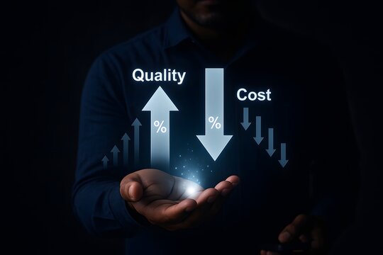 Business professional showing holographic growth chart with increasing quality and decreasing cost metrics concept