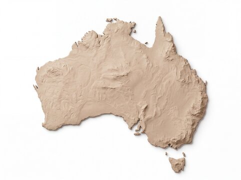 Australian continent map made of textured clay showing outback terrain and coastal areas.