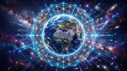 Obraz premium Global connectivity and technology concept with earth surrounded by glowing blue lines and nodes in space