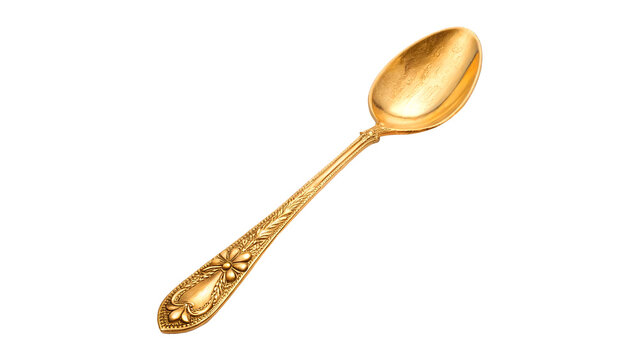 An elegant simple golden metallic spoon cutlery utensil for dining table setting isolated on transparent background