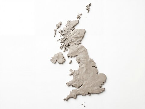 Clay topographic relief map of Great Britain with detailed terrain and islands.