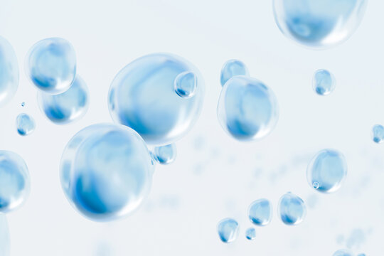 Abstract blue cosmetic bubbles with transparent liquid texture, floating skincare serum drops and soft gel spheres. Futuristic beauty, hydration and collagen concept background in 3D render.