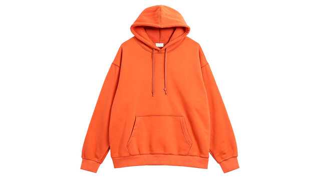 A trendy vibrant solid orange cotton hoodie pullover sweatshirt apparel clothing isolated on transparent background