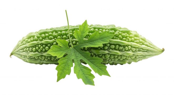 A single fresh bitter melon vegetable with a green serrated leaf resting on isolated against a solid black background