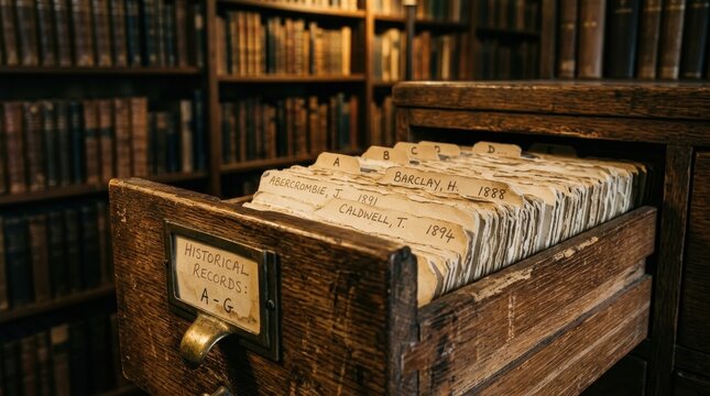 Open wooden file drawer filled with historical archives and index cards in a library