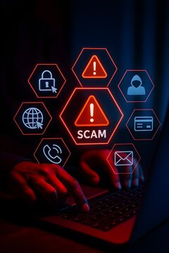 Person typing on laptop with glowing red warning icons representing cyber security threats and online scam alerts