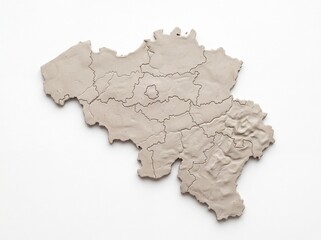 Fototapeta premium Minimalist map of Belgium crafted from gray clay showing regional borders and contours.