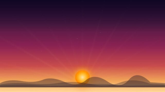 A serene sunrise over rolling hills with a vibrant purple and orange sky