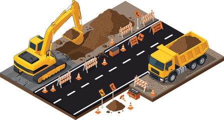 Road construction isometric illustration, excavator and dump truck infrastructure worksite, highway repair transportation vector design for industrial projects © VectoBloom