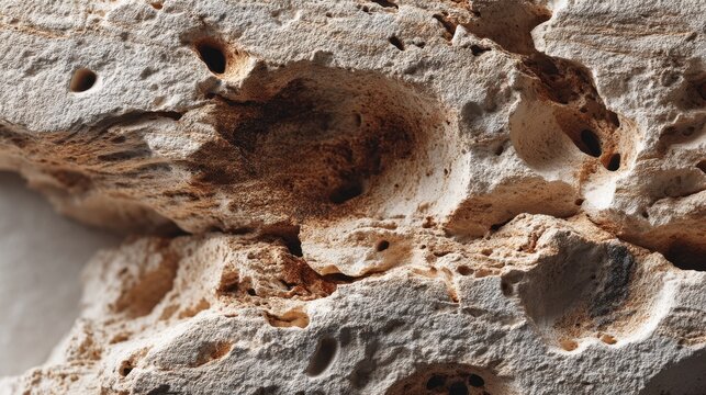 Beige stone samples presented by middle aged female wavy brown hair neutral expression cream limestone fossil imprints chest level natural skin tones realistic features professional lighting balanced