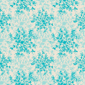  botanical pattern with stylized turquoise umbellifer plant imprints on a light beige background for organic textile design, eco friendly wrapping paper and modern wallpaper.
