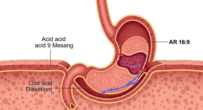Medical Diagram Illustrating Acid Reflux in Human Stomach and Esophagus.