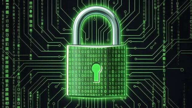 Glowing digital padlocks on a green circuit board background with binary.