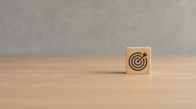 Business goals concept. Focus on goals achievement. Wooden cube block with goals, target icon on grey background. Business planning, common goals, business vision, planning and strategies banner.
