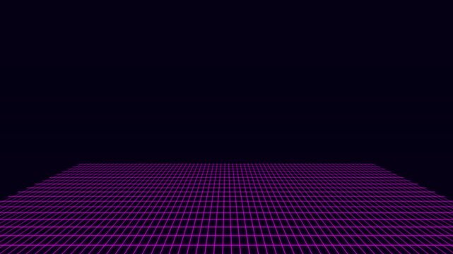 A glowing purple neon digital grid receding into a deep black background