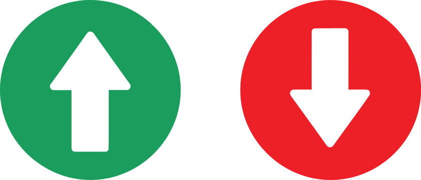 Green up arrow and red down arrow icons in circles representing increase and decrease or growth and decline status Vector