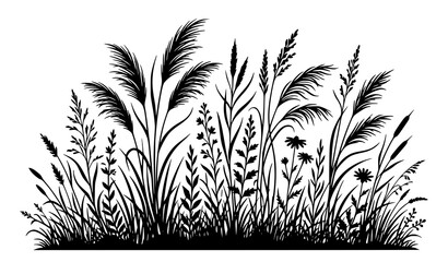 Modern Black Grass Silhouette Collection with Botanical Meadow Vector Elements © Sifat