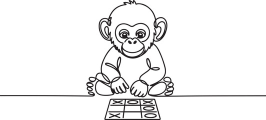 Fototapeta premium Sketch of baby chimpanzee playing tic tac toe Vector illustration. one line Icon drawing