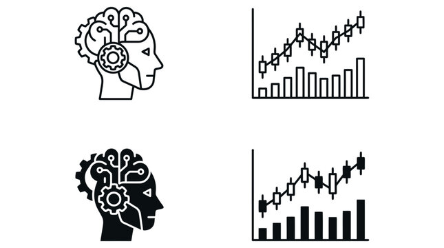 Ai financial analytics icons featuring human brain circuitry and stock market candlestick growth charts