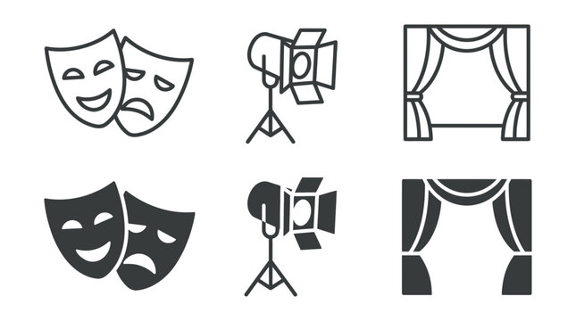 Theater performing arts comedy tragedy masks spotlight and stage curtains grayscale vector icons with curtains