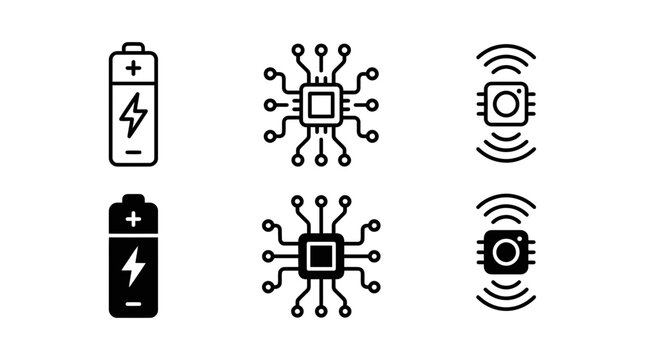 Modern electronics components icons featuring rechargeable battery microprocessor and intelligent smart sensor
