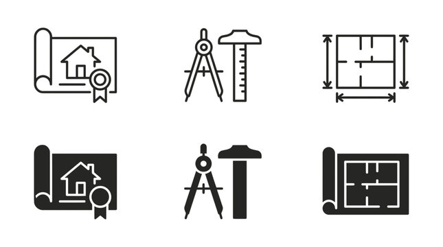 Architecture and home construction drafting icon set featuring blueprints compass ruler and floor plan