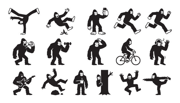 Funny Bigfoot Silhouette Set Vector