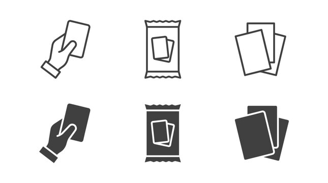 Set of trading card icons including hand holding card, booster pack, and deck stack in line and solid styles