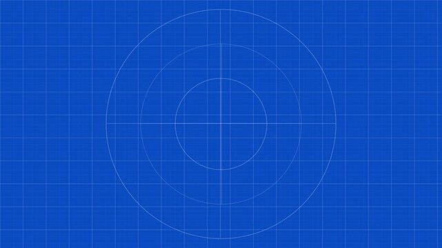 Abstract circular geometric pattern on a blue engineering grid background