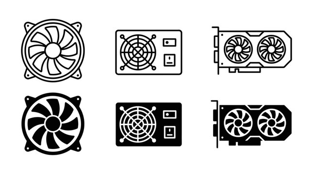 Computer hardware icons set with cooling fan power supply unit and graphics card components, computer