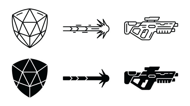 Sci-fi gaming icon set with futuristic energy shield laser projectile and advanced assault rifle weapons