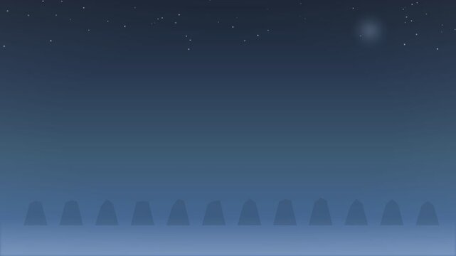 Minimalist row of tombstones standing under a soft glowing night sky scene