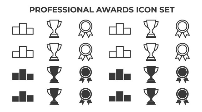 Professional awards icon set with winners podium trophy cup and achievement medal ribbon graphic illustrations