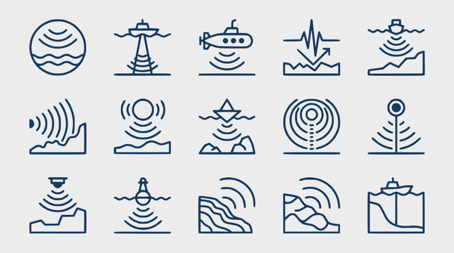 Sonar Icons Set: Navigation, Underwater, Technology, Marine, Science